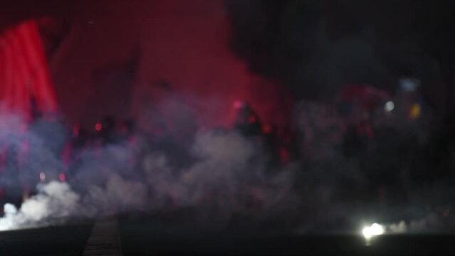 Red Star Football fans with torches and flags marching on streets and celebrating league title win in Belgrade, Serbia 22.05.2022	