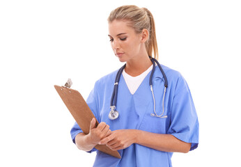 Healthcare, doctor and woman with clipboard in studio with paper form for planning on white background. Nurse, chart and health expert reading medical documents for hospital or clinic while isolated