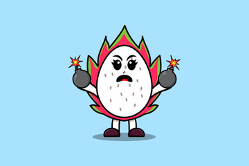 Cute cartoon Dragon fruit holding bomb with scared expression in flat modern style design