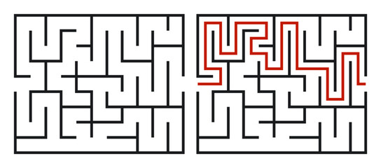 Abstract maze. Find right way. Isolated simple square maze black line on white background. Vector illustration.