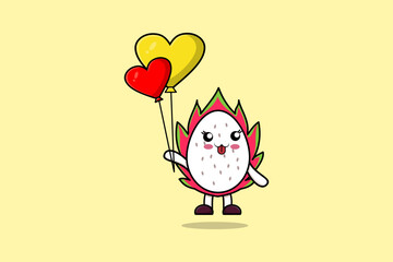 Cute cartoon Dragon fruit floating with balloon cartoon vector illustration flat cartoon style