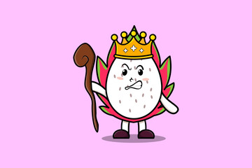 Cute cartoon Dragon fruit mascot as wise king with golden crown and wooden stick illustration