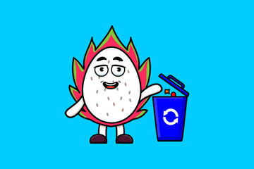 Cute cartoon Dragon fruit throwing trash in the trash in flat modern style design illustration