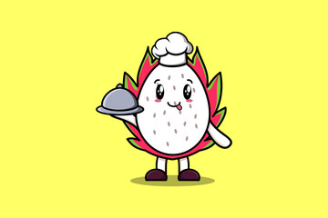 Cute Cartoon chef Dragon fruit mascot character serving food on tray cute style design illustration