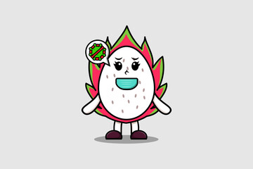 Cute cartoon illustration Dragon fruit using mask to prevent virus in cute modern style design
