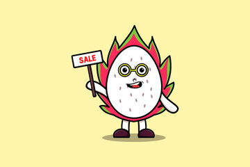 Cute cartoon Dragon fruit character holding sale sign designs in concept flat cartoon style