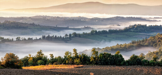 Fototapeta Val D' Elsa. Toscana. Panorama di valli e colline all'alba vicino a San Gimignano obraz
