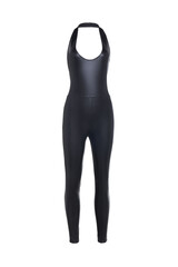 Detail shot of a tight black latex jumpsuit with a neck strap and open breasts. The sexy tight-fitting clothes are isolated on the white background. Front view.