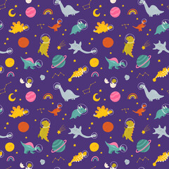Naklejka na ściany i meble Dino in space seamless pattern. Cute dragon characters, dinosaur traveling galaxy with stars, planets. Kids cartoon vector background. Illustration of astronaut dragon, kids wrapping with cosmic dino