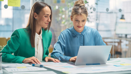 Portrait of Two Caucasian Smiling Women Collaborating and Working on a Laptop Computer in a Bright Office. Two Female Data Analysts Developing a Project and Preparing a Presentation. Teamwork Concept