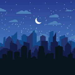 City skyline in flat style. City buildings silhouette in night. Vector illustration