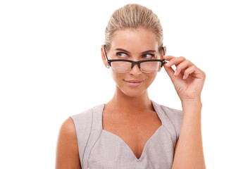 Thinking business woman, face and glasses on isolated white background for cv review ideas or recruitment innovation. Happy, curious or corporate worker with vision eyewear for human resources goals