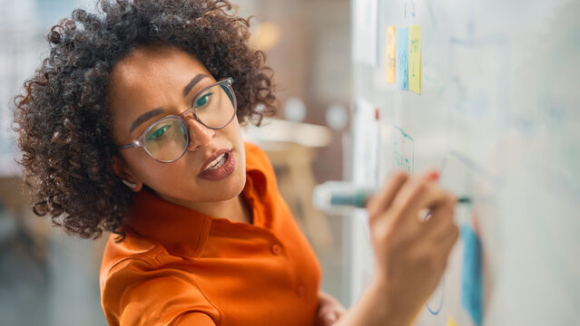Modern Creative Agency Meeting: Confident Black Female Engineer Uses Whiteboard, Makes Report to a Group of Engineers, Managers Talks, and Shows Statistics, Growth and Analysis Information