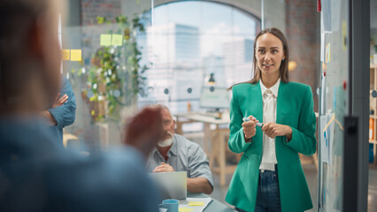 Focused Group of Multiethnic People in a Meeting in Office. Young White Female CEO using Whiteboard to Pitch a Startup Idea to Potential Investors and Answer Questions. Brainstorming Concept