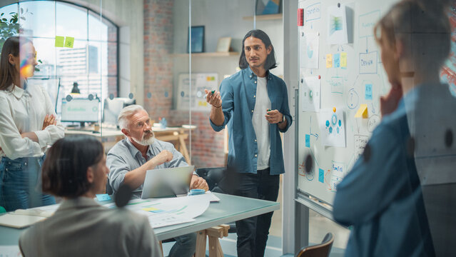 Multiethnic Businesspeople Having a Meeting in a Conference Room at an Office. Latin Man Doing a Presentation and Consulting his Team on Sales and Marketing Optimization. Shot Behind Glass Board.