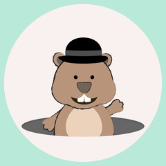 Cartoon brown groundhog with hat on his head in a blue frame on a round background