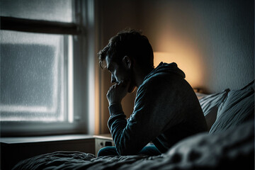 Depressed man losing his job and heartbroken sitting alone in bed near a window in dark with the low light environment, PTSD Mental health, and depression concept.psychological problem, sadness - obrazy, fototapety, plakaty