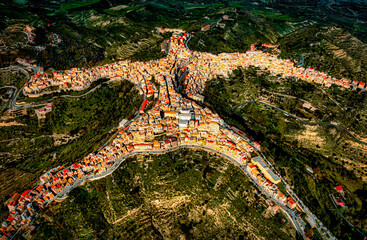 Aerial view of a beautiful Italian mountain town Centuripe, Sicily, Italy, Europe