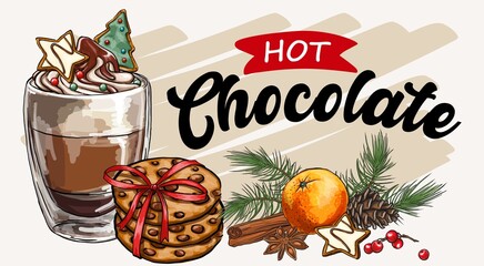 baner horizontal holiday compositions with hot drink and marshmallows, candies and marshmallow candies. for print, print fabrics or background.