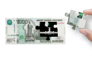 The concept of financial crisis and recession. Crude oil and pipeline gas price. 1000 ruble note...