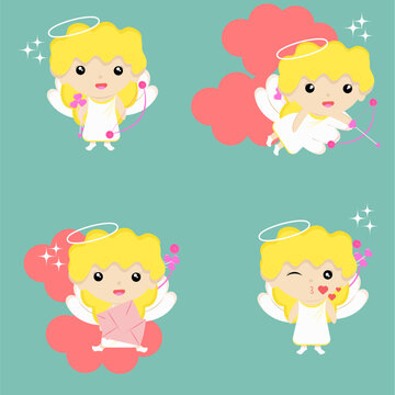 Cute cartoon valentine's angel girl set with bow and arrow