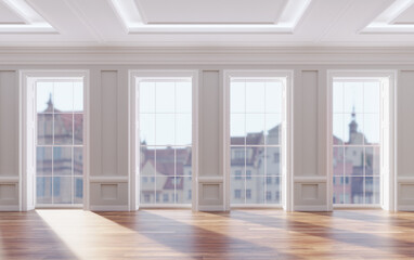 Classical renovated interior with classic big windows and wooden floor