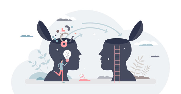 Transferring knowledge and information or skill teaching tiny person concept, transparent background.Educational learning as data exchange or sharing illustration.