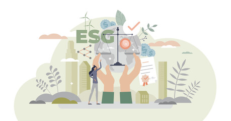 ESG as environmental social governance business model tiny person concept, transparent background. Sustainable and green company resources usage commitment. - obrazy, fototapety, plakaty