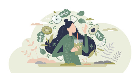 Green smoothie as healthy diet cocktail for slimming tiny person concept, transparent background. Vegan detox food and drink in glass as organic and vitamin full beverage from straw illustration.
