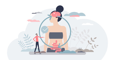 Gut brain connection and mental body digestive system regulation tiny person concept, transparent background.Organ interaction and cooperation for human body regulation illustration.
