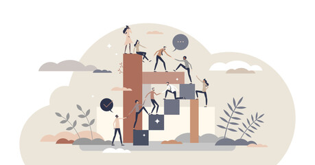 Helping to reach goal as teamwork power with partners tiny person concept, transparent background.Common target collaboration with business partnership strategy illustration.