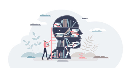 Knowledge or education as intelligence mind experience tiny person concept, transparent background. Information base as book library in head illustration. Brain and mind training. - obrazy, fototapety, plakaty