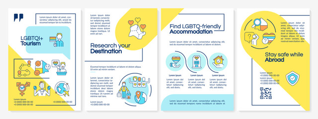 LGBTQI travel information blue and yellow brochure template. Safe trip. Leaflet design with linear icons. Editable 4 vector layouts for presentation, annual reports. Questrial, Lato-Regular fonts used