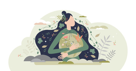 Mother earth as environmental ecological and green planet tiny person concept, transparent background. Nature biodiversity conservation as care with protection or preservation illustration.