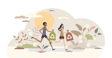 Plogging sport activity with running and trash pickup tiny person concept, transparent background. Environmental activity with plastic pollution collection challenge illustration. Running and cleanup.