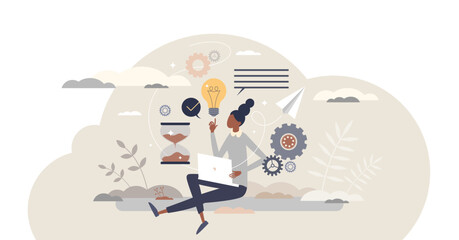 Productivity management or efficient performance planning tiny person concept, transparent background. Workflow time and quality control.