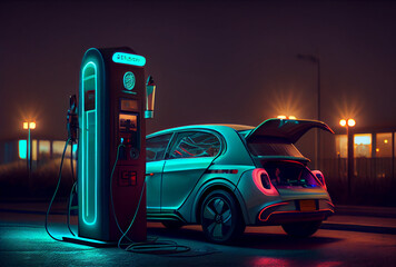 Fototapeta na wymiar EV car with Electric charging station charger and blue glowing light stripe. Technology and transportation concept. Generative AI