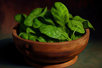 Fresh and green Young spinach in wooden bowl