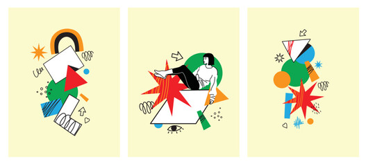 Outline characters, people in different poses and various geometric shapes and colorful abstract figures. Different mood, positions. Hand drawn vector illustration