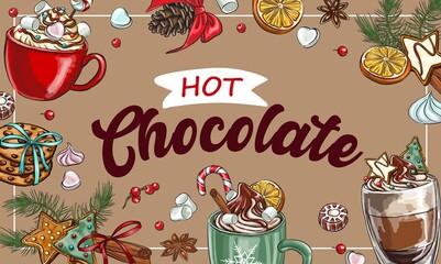 baner horizontal holiday compositions with hot drink and marshmallows, candies and marshmallow candies. for print, print fabrics or background.