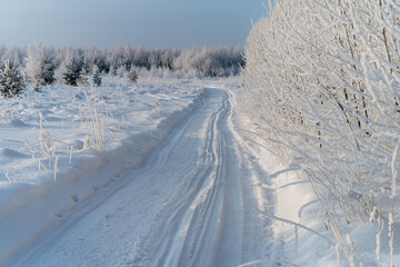 Winter landscape with trees in hoarfrost and a road in the forest.
