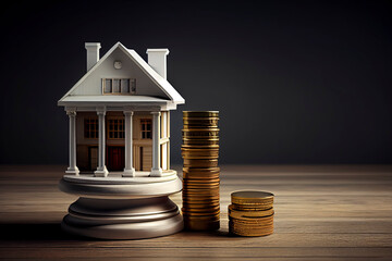 White house with golden coin stacks, male, female and gavel on concrete