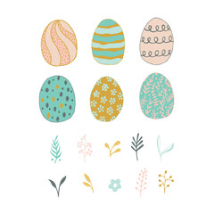 multicolored Easter eggs with botanical elements set doodle style. Happy easter hand drawn isolated on white background. Spring holiday. Happy Easter. Vector Illustration.