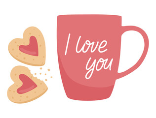 Cup of tea or coffee and heart shaped cookies. Flat vector illustration