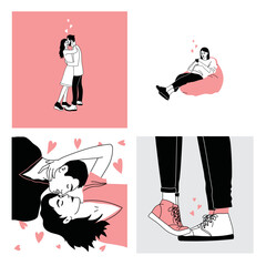 Romantic set of illustrations with man and woman. Love, love story, relationship. Vector design concept for Valentines Day