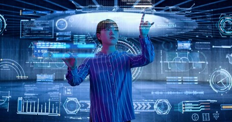 Female Scientist Analyzing a Digital Data, Touching an Invisible. Holographic Screen. Asian Woman,...