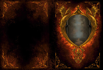 The Golden Fire Portal with Two Dragons. Hardcover Journal or Book cover design. Digital painting