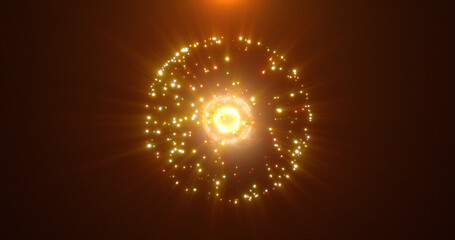 Abstract round yellow sphere glowing energy magic molecule with atoms from particles and dots cosmic. Abstract background © Bolbik