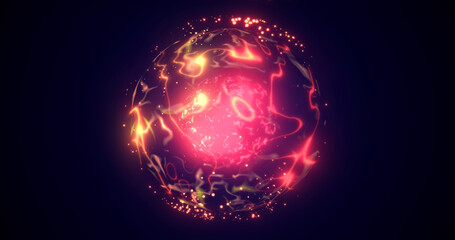 A round planet with a molten core in the center in space, a star sphere with a fiery magical luminous energy field from plasma. Abstract background