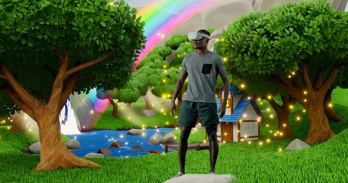 Young African American Black Man Using Virtual or Augmented Reality Glasses. Meetings in Virtual Space, Artificial World. Cross-Platform Social Networking. Metaverse as a Virtual Co-Working